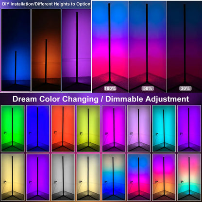 Lampe d'angle Bluetooth Smart APP 160 cm Dimmable RGB LED Lumière d'ambiance Alexa Lampe sur pied pour chambre à coucher Décoration de jeu Noël
