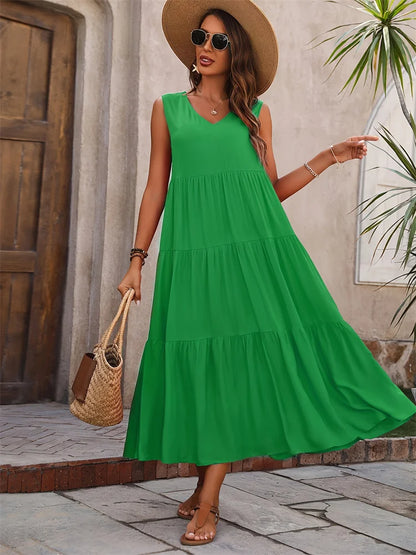 Langes Sommerkleid – Luftiges Maxikleid mit V-Ausschnitt & Rüschen für stilvolle Urlaubsmomente