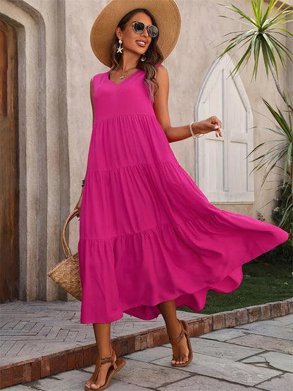 Langes Sommerkleid – Luftiges Maxikleid mit V-Ausschnitt & Rüschen für stilvolle Urlaubsmomente