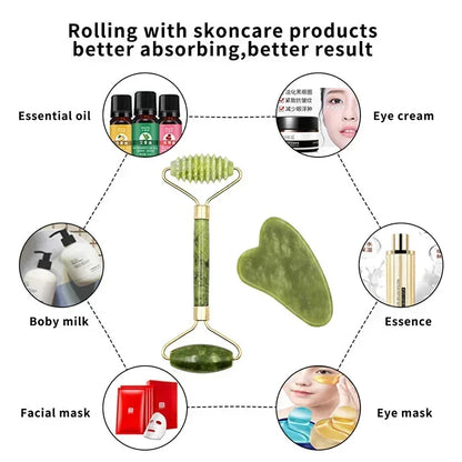 Gua Sha & Jade-Roller Set aus Naturstein – ideal für Gesichtsmassage, Hautpflege und entspannende SPA-Momente zu Hause.