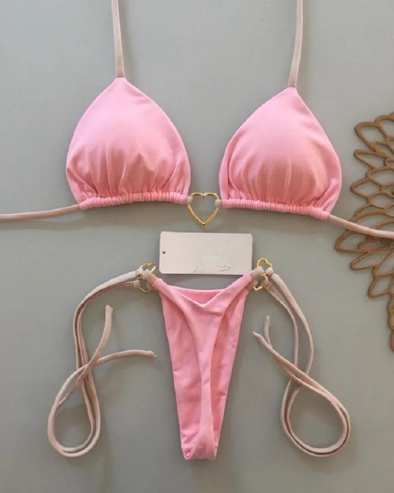 Halter-Bikini Set – Zweiteiliges Triangle-Thong Design in Uni-Farben