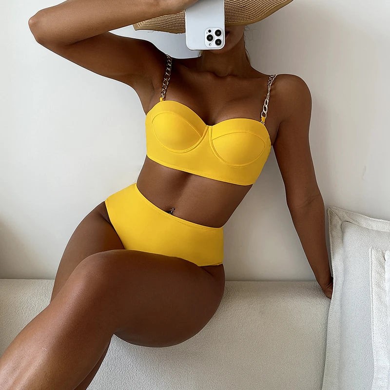 High-Waist Bikini Set – Gepolstertes Top mit Kettenträgern in 7 Farben
