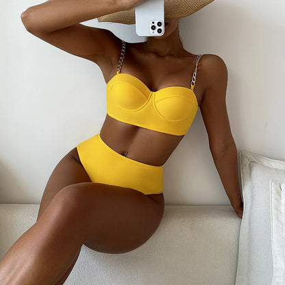 High-Waist Bikini Set – Gepolstertes Top mit Kettenträgern in 7 Farben