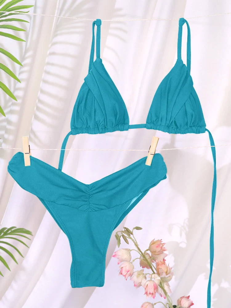 Bandage-Bikini Set – Zweiteiliges Low-Waist Triangle-Design in Uni-Farben
