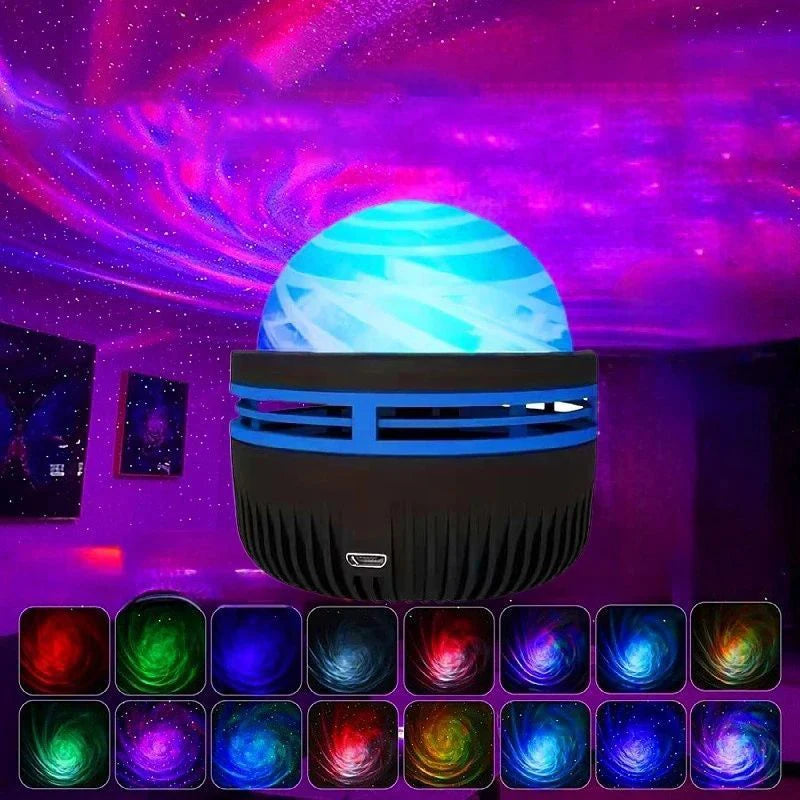 LED-Galaxy-Nachtlicht mit RGB-Farbwechsel & Fernbedienung – projiziert bunte Sternwirbel, ideal für Kinderzimmer, Wohnzimmer oder Party.