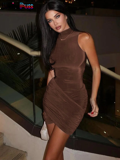 Figure-hugging mini dress with ruffles – sleeveless, high collar, perfect for summer, party & club