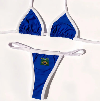Brasil Flag Bikini-Set – Stylisches Patchwork-Design mit Stickerei & Kontrastdetails