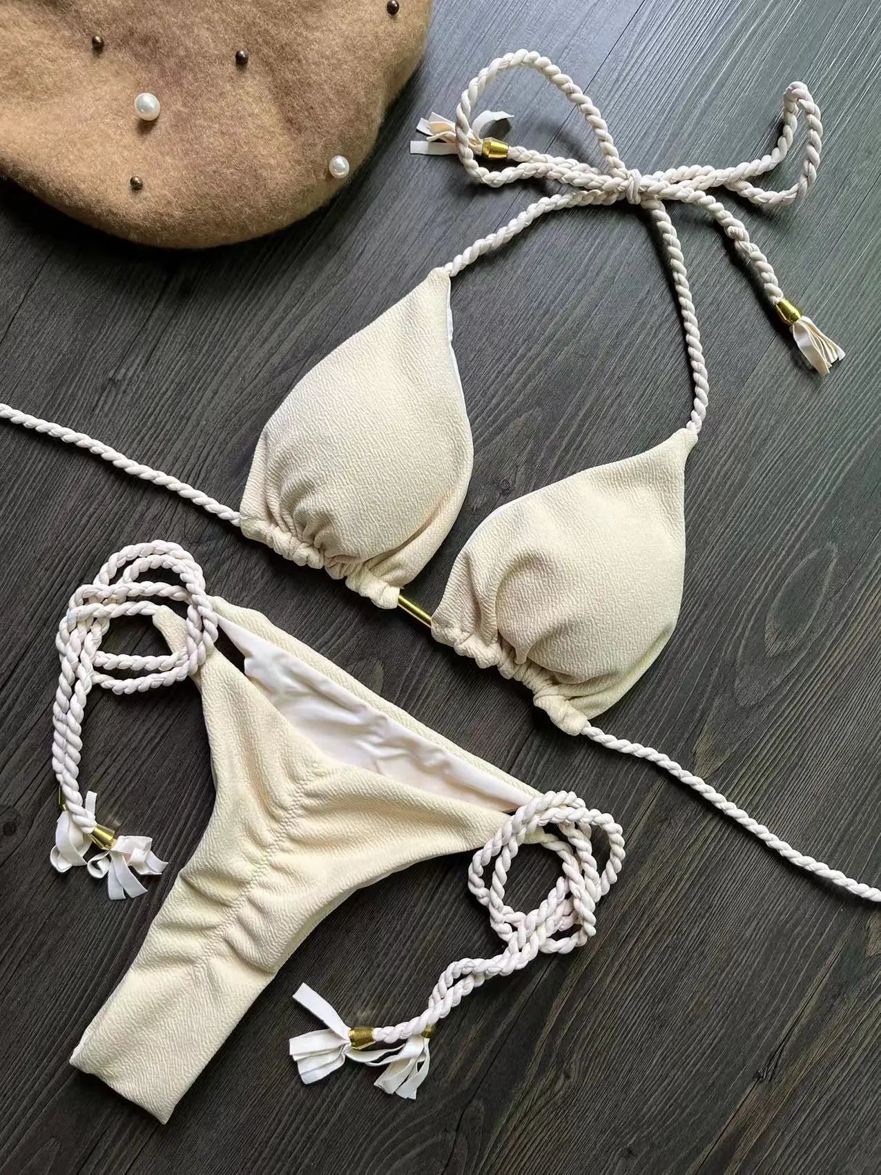 Bikini en bande tressée – Ensemble triangle deux pièces au style brésilien