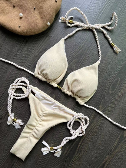 Bikini en bande tressée – Ensemble triangle deux pièces au style brésilien