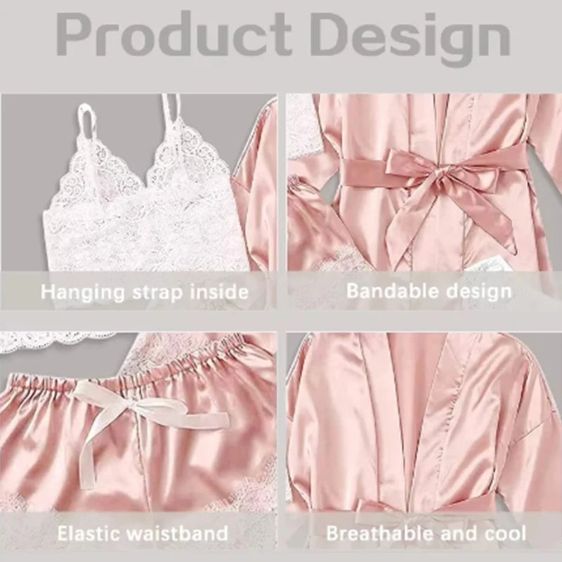 4-teiliges Satin-Schlafset mit Spitze – inkl. Shorts, Top, Hose & Robe – elegant, bequem und perfekt für stilvolle Sommernächte.