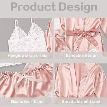 4-teiliges Satin-Schlafset mit Spitze – inkl. Shorts, Top, Hose & Robe – elegant, bequem und perfekt für stilvolle Sommernächte.