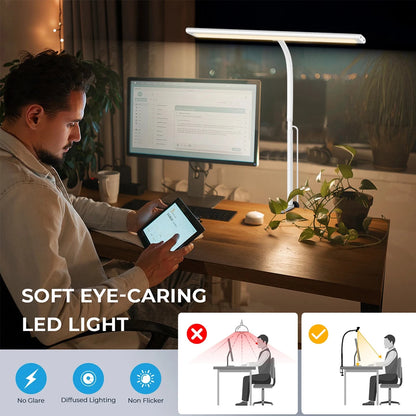 LED-Schreibtischlampe mit flexiblem Hals, stufenlos dimmbar und einstellbarer Lichtfarbe – augenschonend für Büro oder Zuhause.