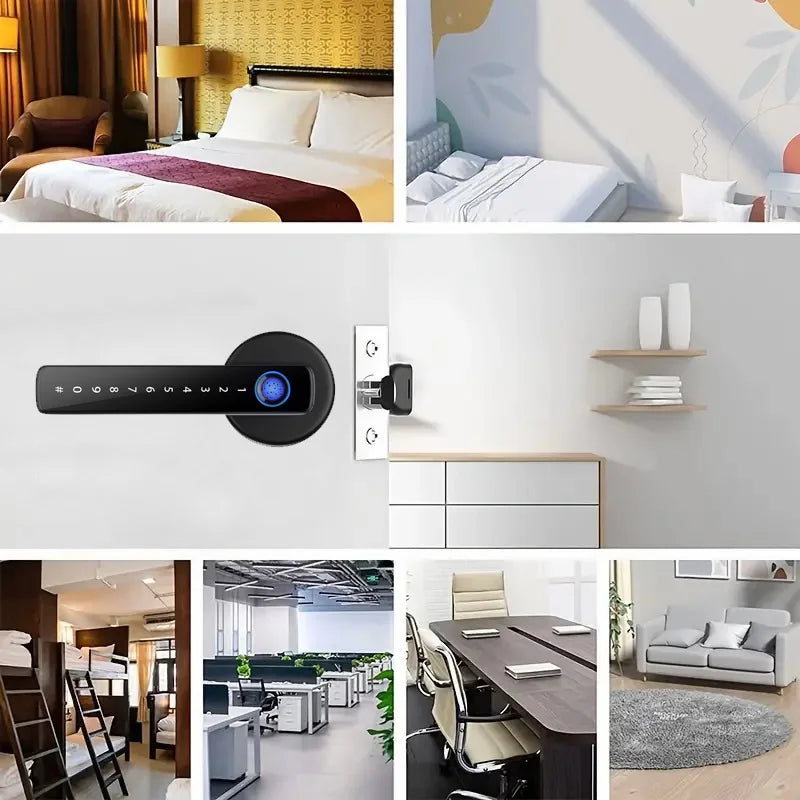 Serrure de porte intelligente avec capteur d'empreintes digitales et code numérique – sans clé, sécurisée et contrôlable via l'application Tuya pour votre maison intelligente.