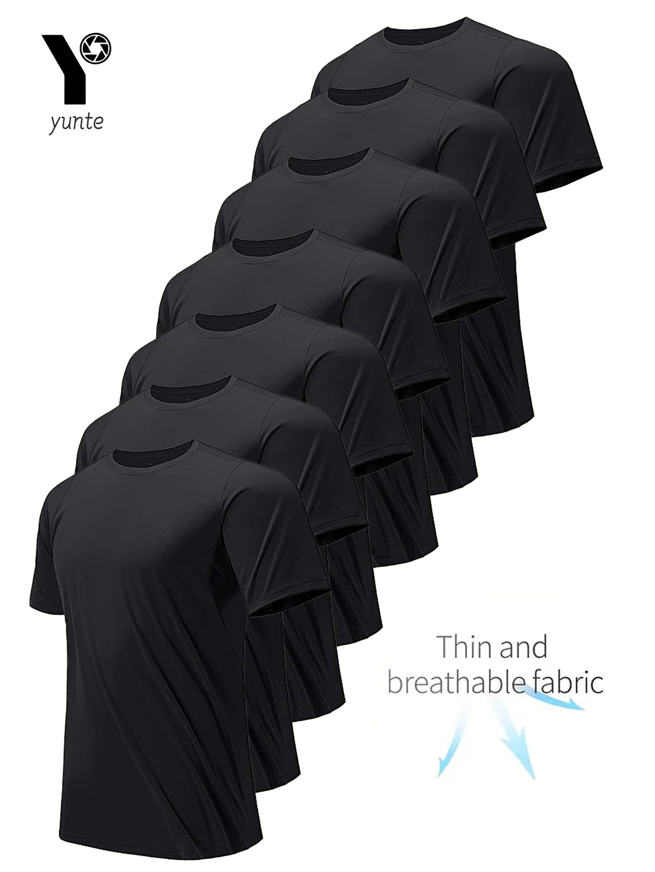 7er-Set schwarze Rundhals-Shirts – ultraleicht, schnelltrocknend und atmungsaktiv, ideal für Fitness, Gym und Running.
