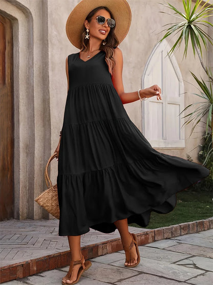 Langes Sommerkleid – Luftiges Maxikleid mit V-Ausschnitt & Rüschen für stilvolle Urlaubsmomente