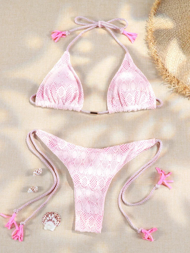 Bandage-Bikini Set – Zweiteiliges Triangle-Design mit Blumenprint in Weiß