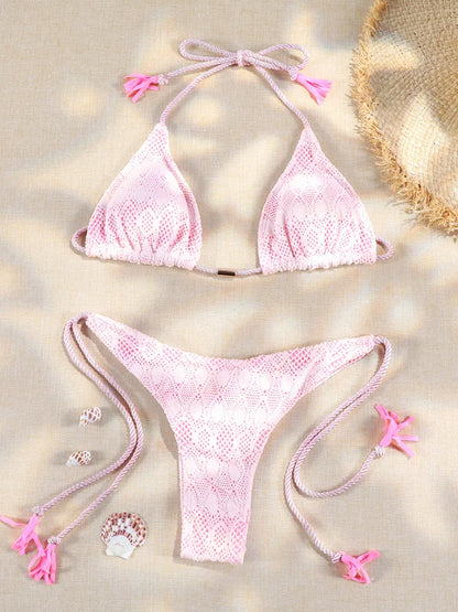 Bandage-Bikini Set – Zweiteiliges Triangle-Design mit Blumenprint in Weiß