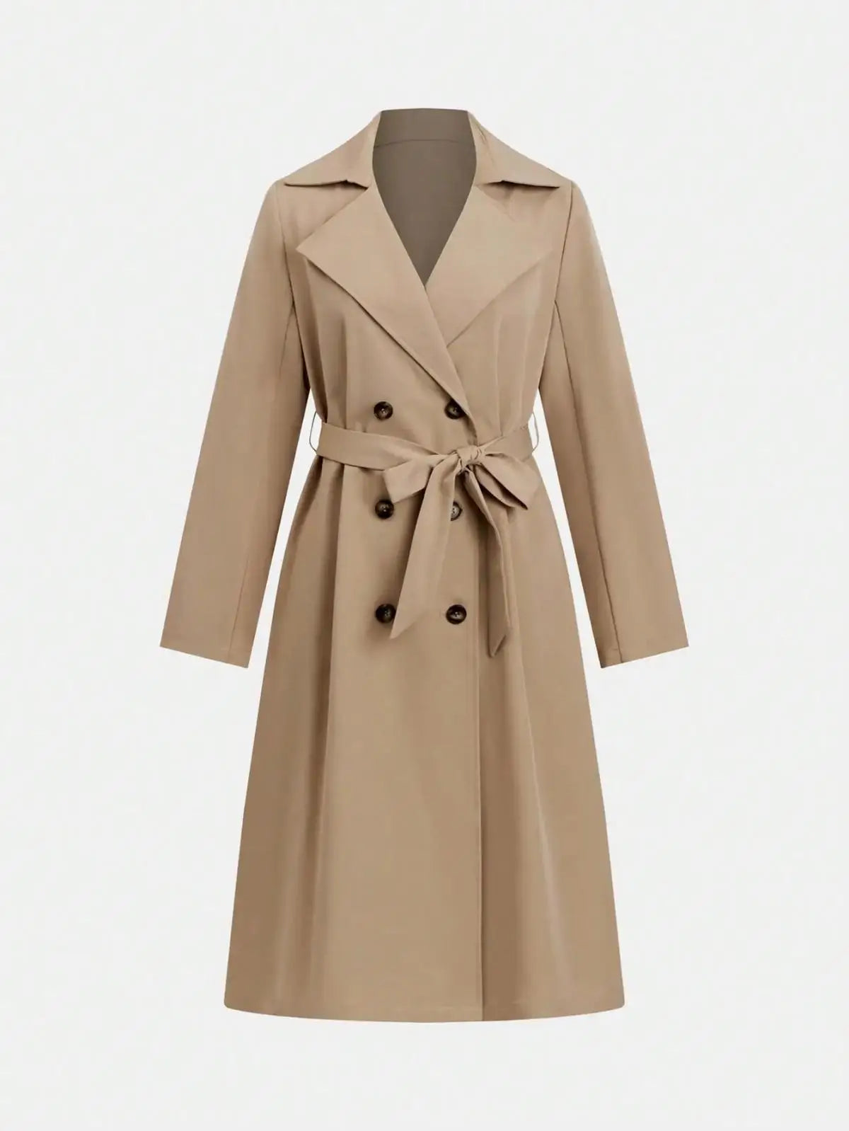 Eleganter Trenchcoat mit Taillengürtel und doppelter Knopfleiste – britischer Stil, figurbetont und perfekt für stilvolle Alltagslooks.
