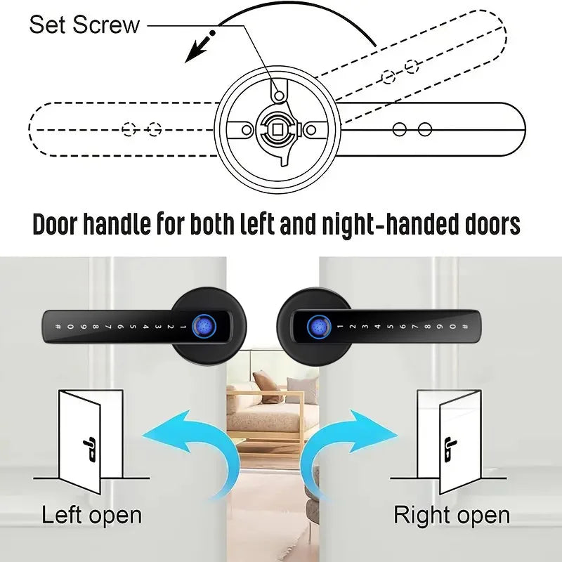 Serrure de porte intelligente avec capteur d'empreintes digitales et code numérique – sans clé, sécurisée et contrôlable via l'application Tuya pour votre maison intelligente.