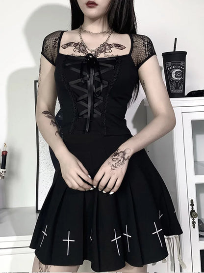 Figure-hugging Gothic top with lace, mesh, and bandage details – black, edgy, and ideal for eye-catching streetwear styles.