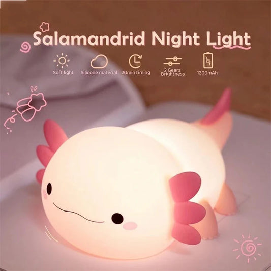 Axolotl-Nachtlicht aus Silikon mit Touch-Steuerung – USB-aufladbar und perfekt als Schlummerlicht.