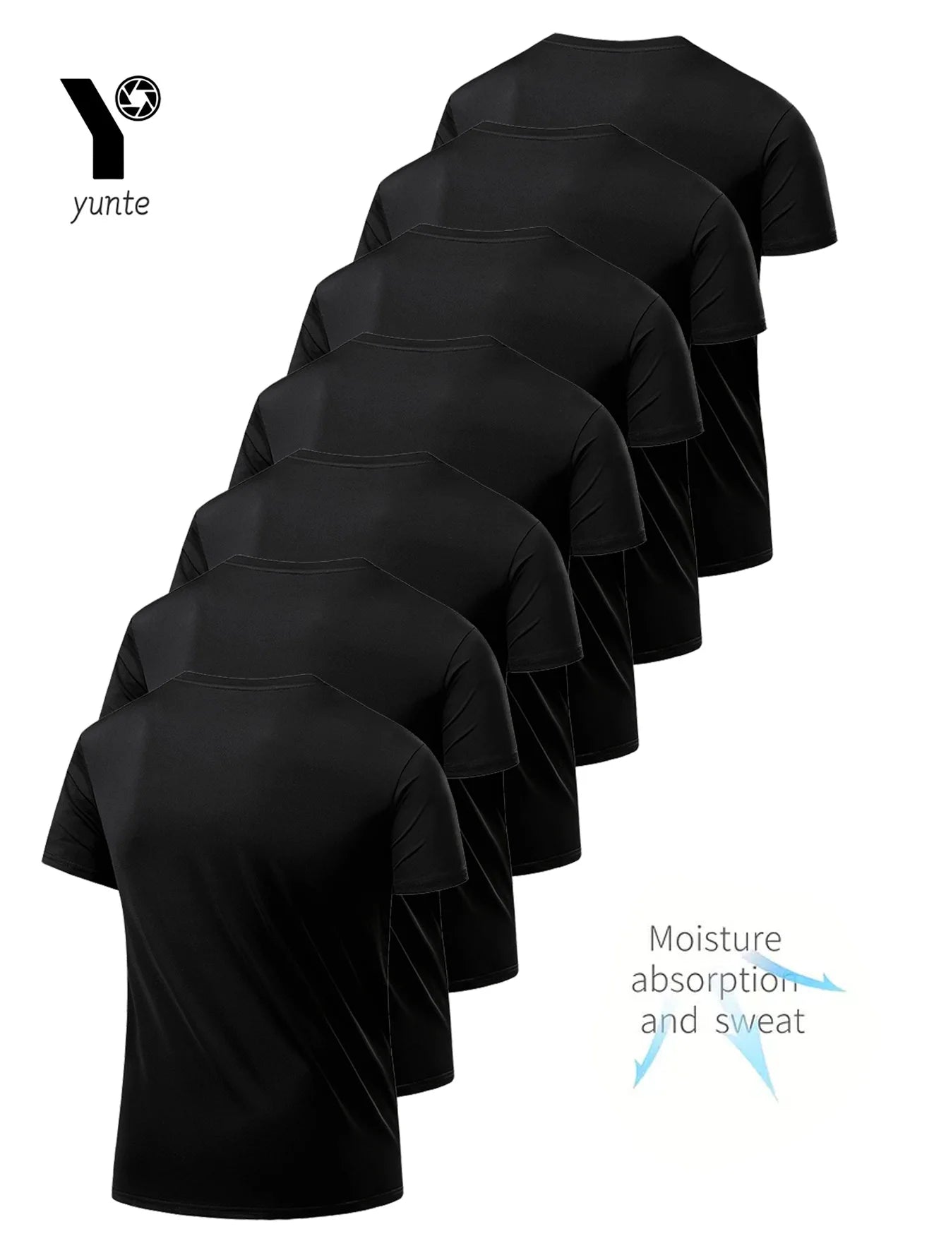7er-Set schwarze Rundhals-Shirts – ultraleicht, schnelltrocknend und atmungsaktiv, ideal für Fitness, Gym und Running.