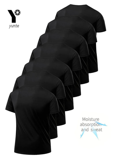 7er-Set schwarze Rundhals-Shirts – ultraleicht, schnelltrocknend und atmungsaktiv, ideal für Fitness, Gym und Running.