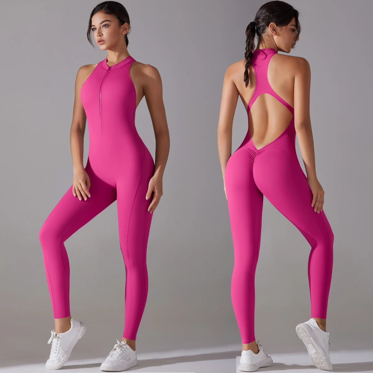 Rückenfreier Sport-Jumpsuit – Scrunch-Design, ärmellos mit Reißverschluss für Po-Lifting und Fitness