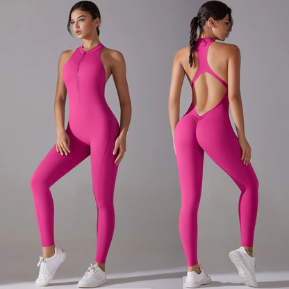 Rückenfreier Sport-Jumpsuit – Scrunch-Design, ärmellos mit Reißverschluss für Po-Lifting und Fitness
