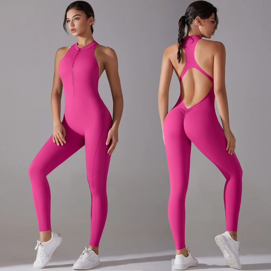 Rückenfreier Sport-Jumpsuit – Scrunch-Design, ärmellos mit Reißverschluss für Po-Lifting und Fitness