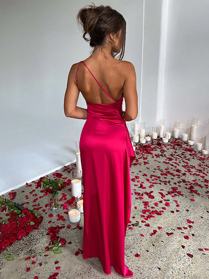 Satin Maxikleid – One-Shoulder Design, Rückenfrei mit hohem Schlitz, Elegantes Kleid für Party & Abendveranstaltungen