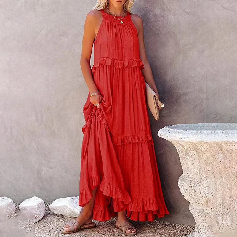 Langes Rüschenkleid – Elegantes ärmelloses Maxikleid für stilvolle Auftritte am Strand oder abends