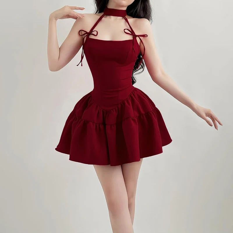 IAMHOTTY Ärmelloses A-Linien Kleid Rot Schwarz mit Schleife – Prinzessinnen-Look im Kawaii-Lolita-Stil