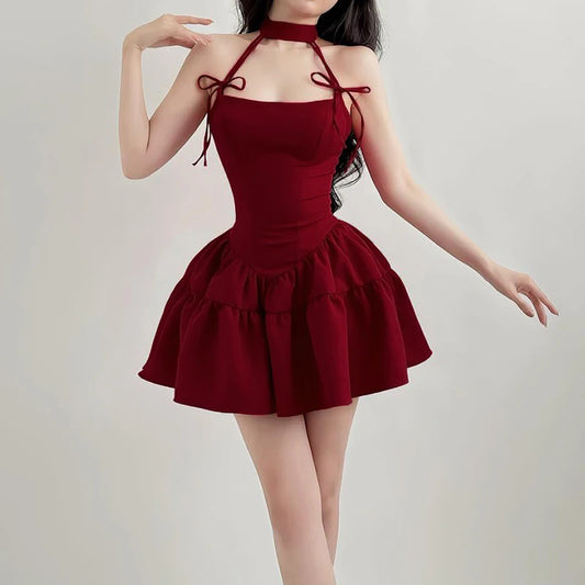 IAMHOTTY Ärmelloses A-Linien Kleid Rot Schwarz mit Schleife – Prinzessinnen-Look im Kawaii-Lolita-Stil