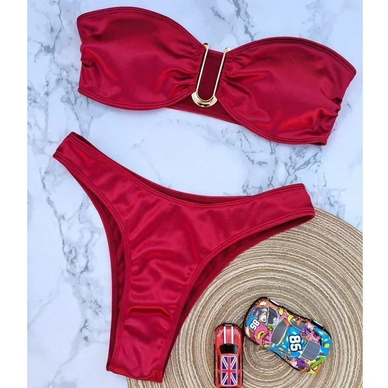 Bandeau Bikini – Zweiteiliges Set in Uni-Farben