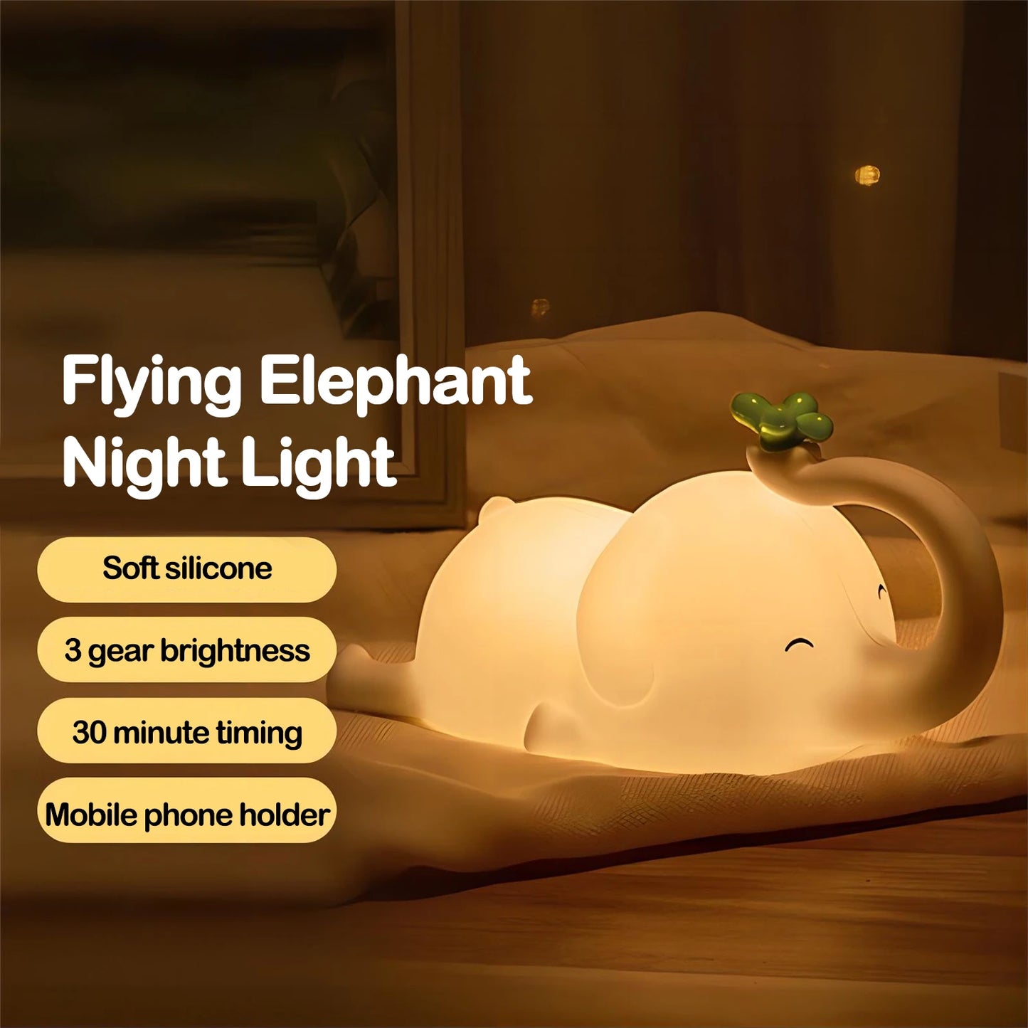 Elefanten-Nachtlampe aus Silikon für Kinder, dimmbar und mit Timer – ideales Schlummerlicht fürs Schlafzimmer oder Kinderbett.