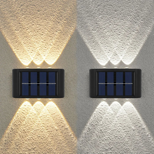 Solar-Wandleuchte mit 6 LEDs und Up-&-Down-Licht – automatisch gesteuert, ideal für Garten, Balkon oder Terrasse.