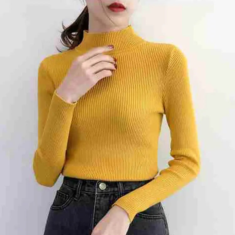 Fitted knit sweater with stand-up collar – simple, cozy, and perfect for stylish looks on cool days.