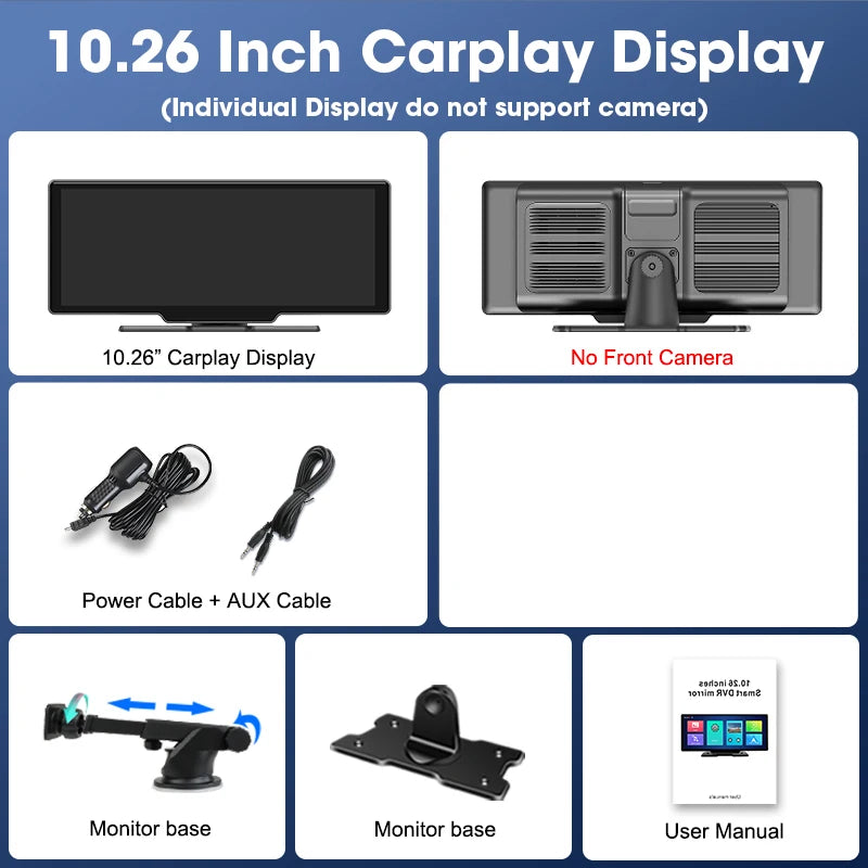 10,26" 4K Dashcam mit Rückspiegel-Display, Wireless CarPlay & Android Auto, GPS & Rückfahrkamera – Multimedia & Sicherheit in einem.