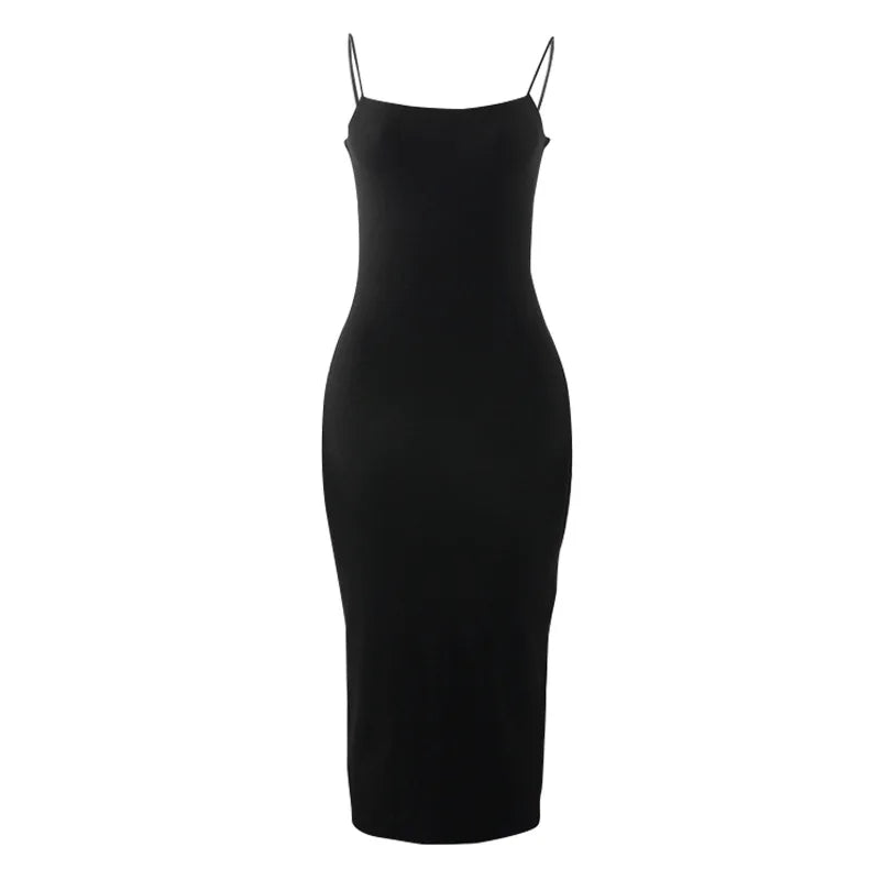 Black bodycon dress with spaghetti straps and back cutout – sleeveless, figure-hugging, and ideal for club or streetwear.