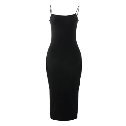 Black bodycon dress with spaghetti straps and back cutout – sleeveless, figure-hugging, and ideal for club or streetwear.