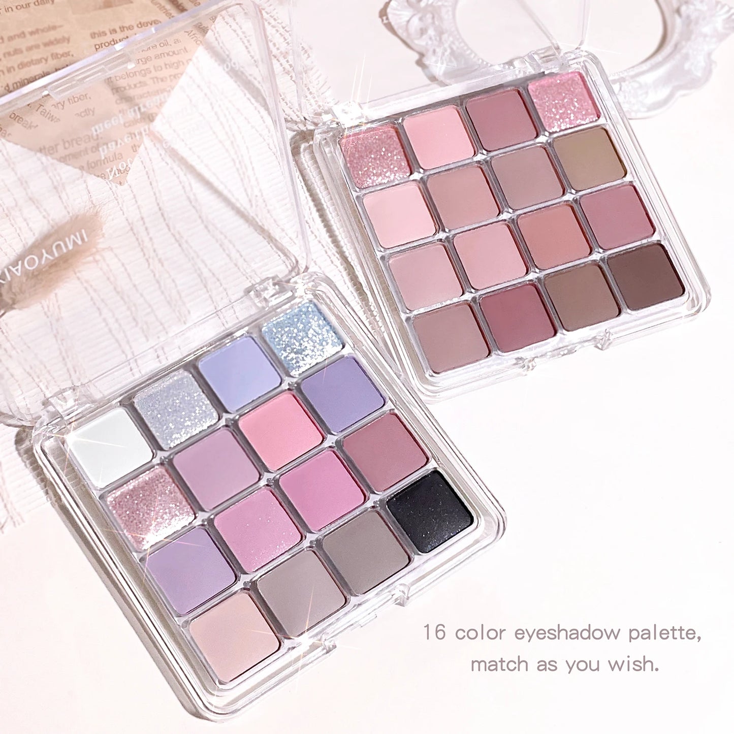 Lidschattenpalette mit 16 Sunset-Farbtönen – Mix aus matten & schimmernden Erdtönen, ideal für vielseitige Alltags- und Abendlooks im Korean-Style.