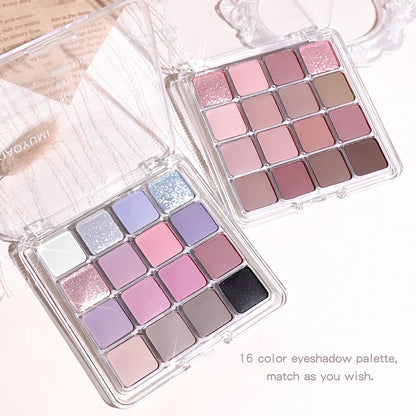Lidschattenpalette mit 16 Sunset-Farbtönen – Mix aus matten & schimmernden Erdtönen, ideal für vielseitige Alltags- und Abendlooks im Korean-Style.
