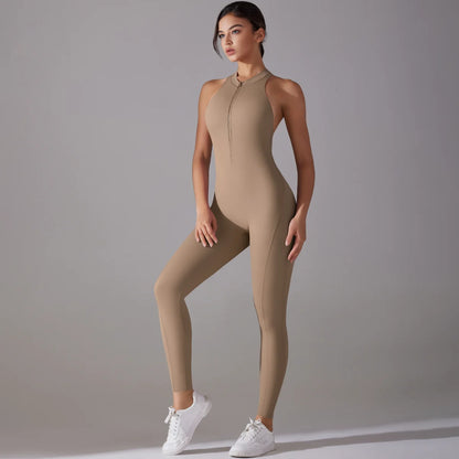 Rückenfreier Sport-Jumpsuit – Scrunch-Design, ärmellos mit Reißverschluss für Po-Lifting und Fitness