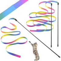 Katzenspielangel mit bunten Regenbogenbändern – interaktiv, lustig und ideal zum Jagen, Springen und gemeinsame Spielzeit.