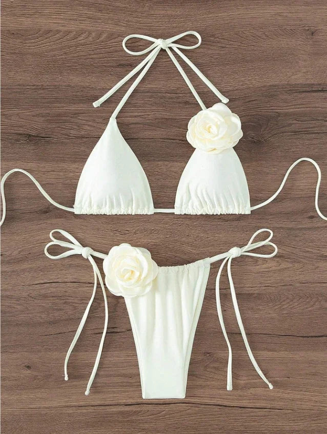 3D-Blumen Halter-Bikini – Zweiteiliges Set mit Trägerdesign