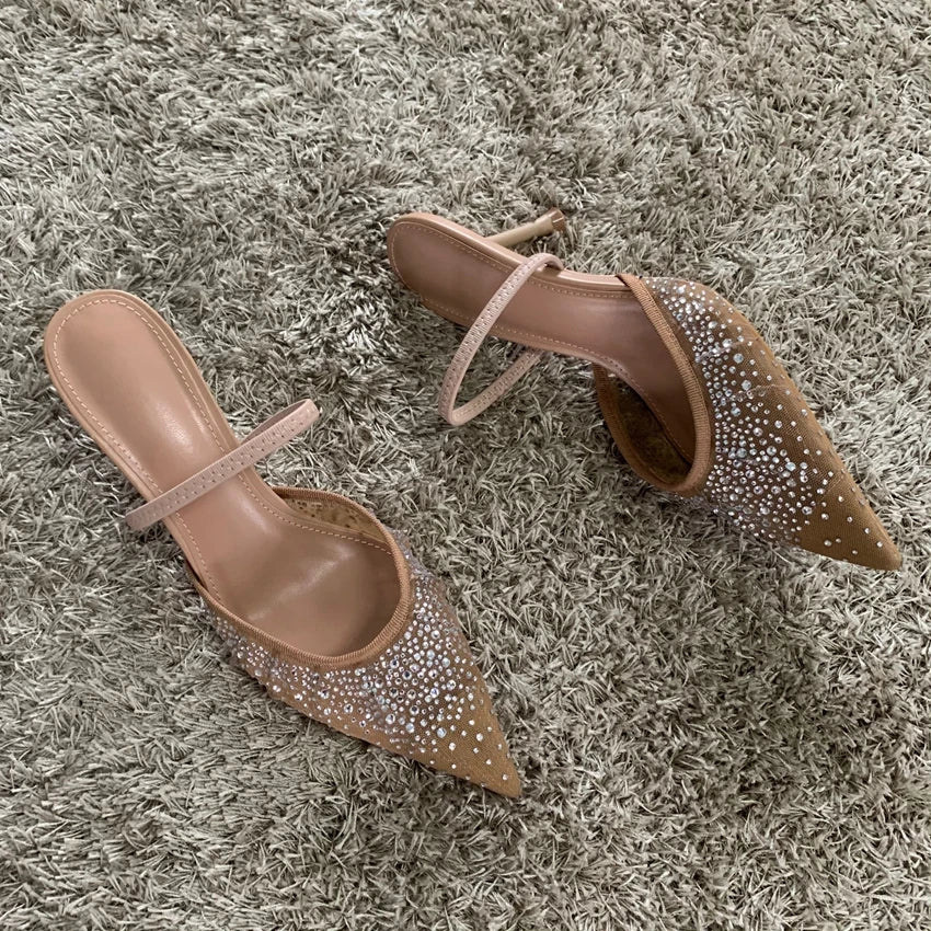 Elegante Sommer-Sandaletten mit Mesh, Glitzersteinen & spitzer Form – Slingback-Design, hohe Absätze und ideal für Partys & besondere Anlässe.