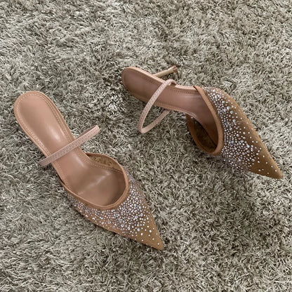 Elegante Sommer-Sandaletten mit Mesh, Glitzersteinen & spitzer Form – Slingback-Design, hohe Absätze und ideal für Partys & besondere Anlässe.