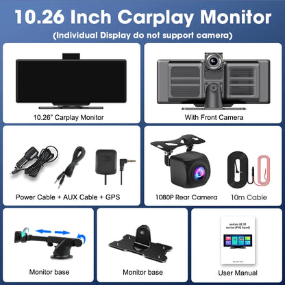 10,26" 4K Dashcam mit Rückspiegel-Display, Wireless CarPlay & Android Auto, GPS & Rückfahrkamera – Multimedia & Sicherheit in einem.