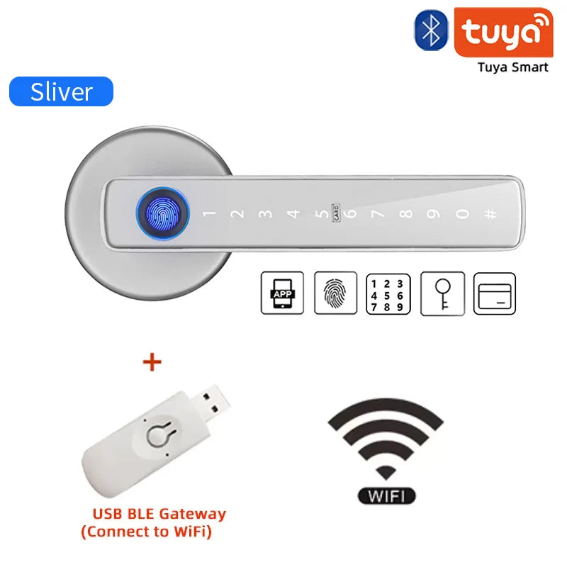 Serrure de porte intelligente avec capteur d'empreintes digitales et code numérique – sans clé, sécurisée et contrôlable via l'application Tuya pour votre maison intelligente.